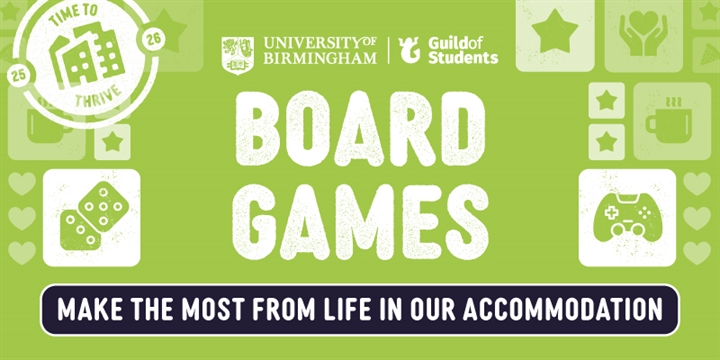 Green banner which says "Board Games", with Icons related to Board Games
