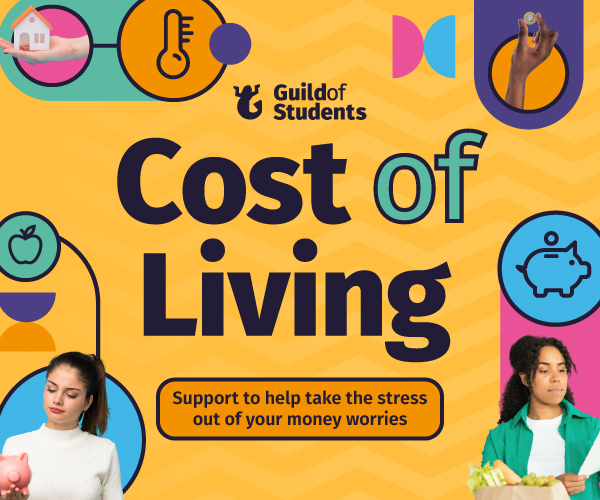 A yellow background, with icons that represent cost of living such as a piggy bank, with the words Cost of Living in the centre.