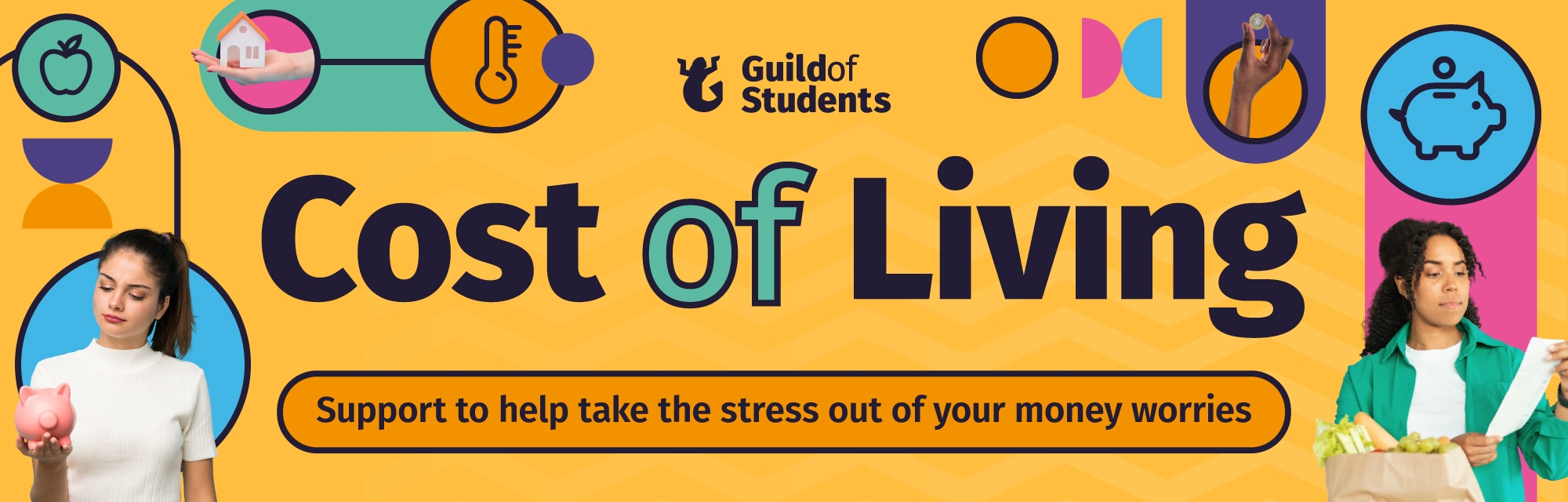 A yellow background, with icons that represent cost of living such as a piggy bank, with the words Cost of Living in the centre.