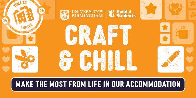 Orange banner which says "Craft and Chill", with Icons related to arts and crafts.