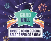 A purple background with fireworks and the grad ball logo with the words tickets on sale 6 may
