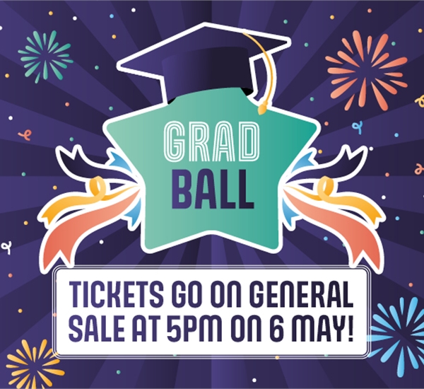 A purple background with fireworks and the grad ball logo with the words tickets on sale 6 may