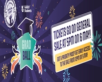 A purple background with fireworks and the grad ball logo with the words tickets on sale 6 may