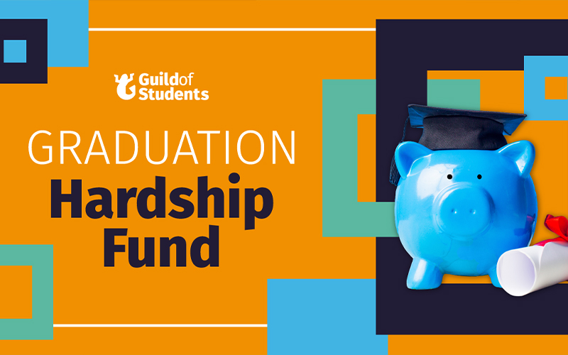 an orange graphic with a piggy bank that says Graduation Hardship Fund