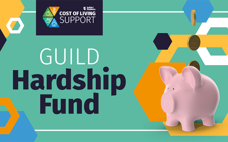 a green graphic with a piggy bank that says Guild Hardship Fund