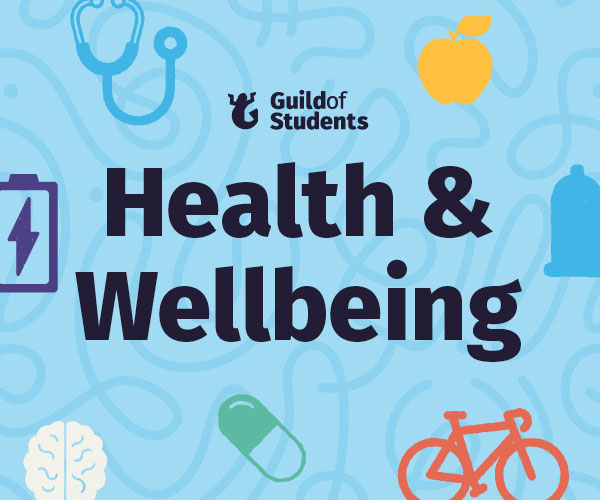 A blue background with Health related icons such as a brain and an apple, surrounding the words Health and Wellbeing in the centre
