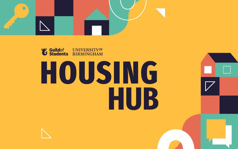 an orange graphic with housing icons that says Housing Hub
