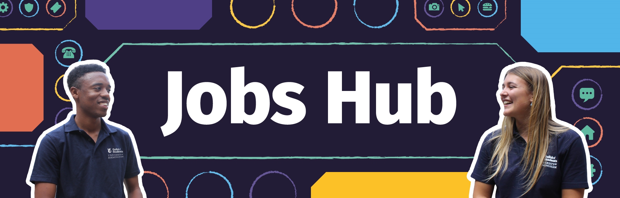 a blue background with 2 student staff members outlined with the words Jobs Hub