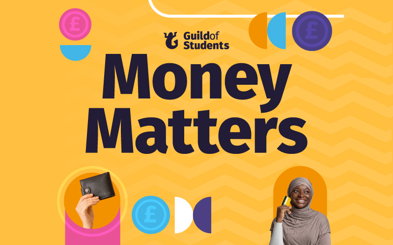 an orange graphic with money icons that says Money Matters