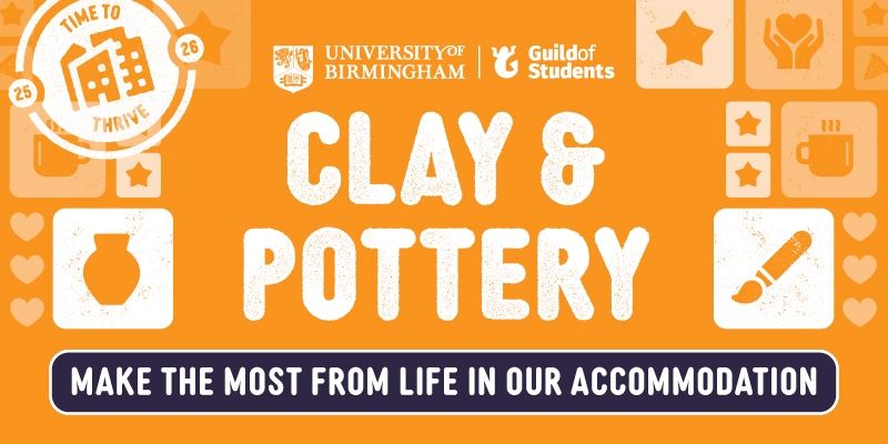 Orange banner which says "Clay and Pottery", with Icons related to arts and crafts.