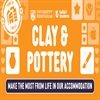 Orange banner which says "Clay and Pottery", with Icons related to arts and crafts.
