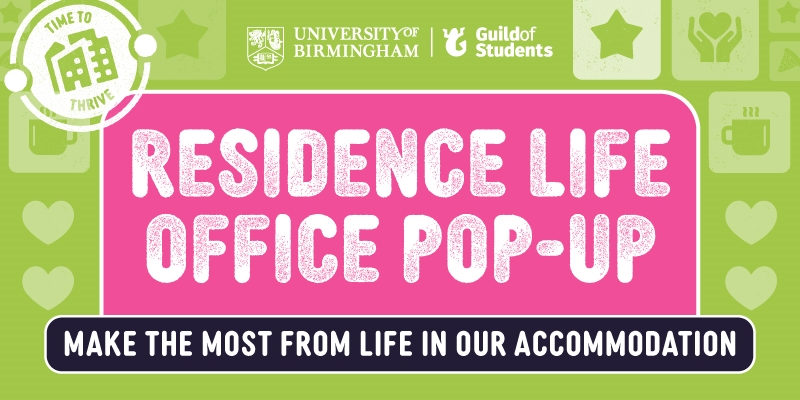 Green background with a pink text box in the middle, with white writing saying Residence Life Office Pop Up