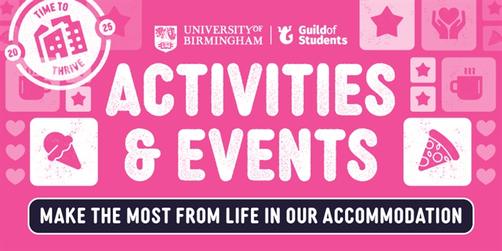 Pink banner which says "Activities &amp; Events", with Icons related to food.