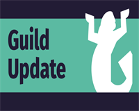 a blue and green background with a white guild of students mermaid logo to the right with the text G