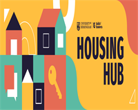 A yellow background with the words Housing Hub surrounded by house related icons
